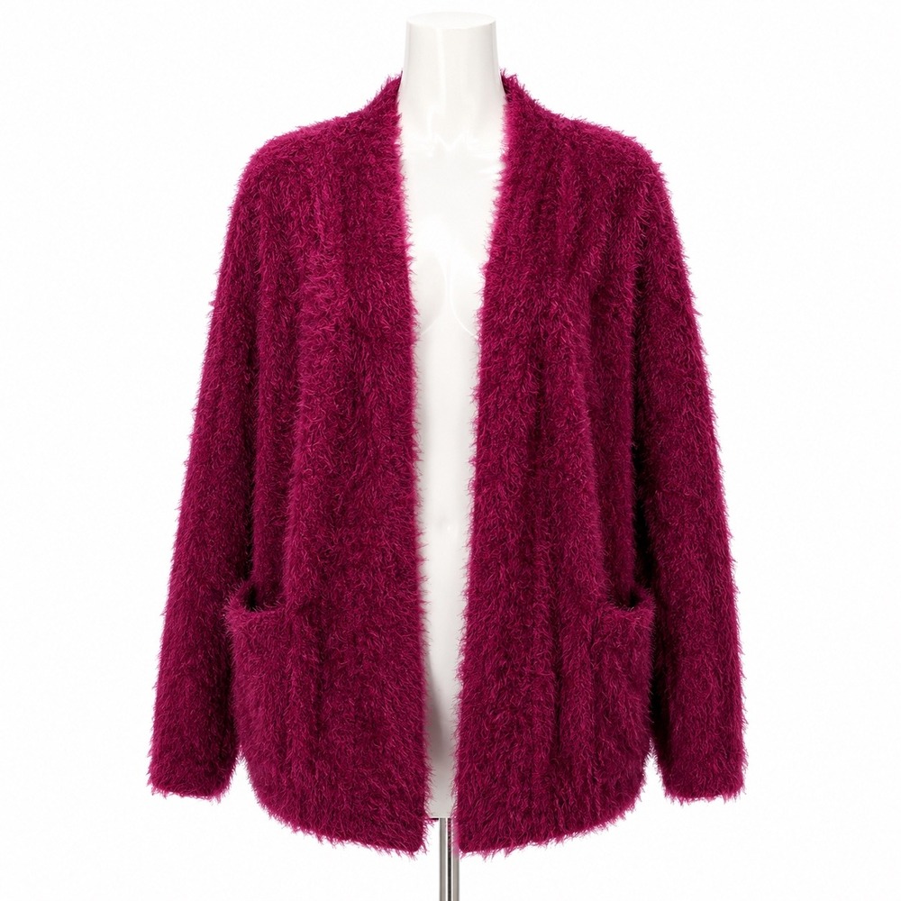 Eyelash Knit Cardigan L Berry Magenta Open Front Pocket Sweater Colleen Lopez